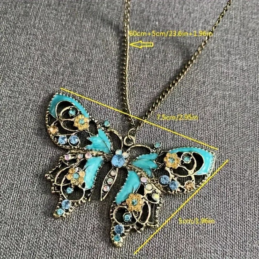 Boho Teal Butterfly Pendant Necklace Art Nouveau Enamel Rhinestone Cottagecore - Picture 9 of 12